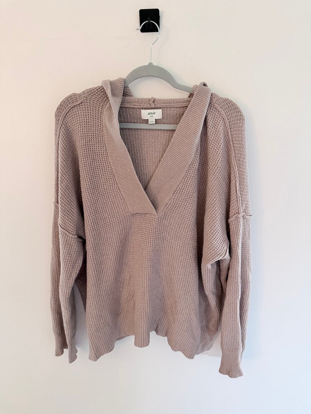 Aerie Cozy Soft Dusty Mauve Waffle-Knit V-Neck Hooded Sweater-Size M